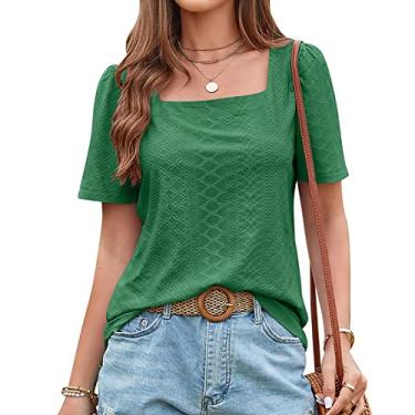 Imagem de Camiseta feminina de verão manga curta ajuste solto blusa manga quadrada oca doce camisa tops para usar com leggings, verde, XGG
