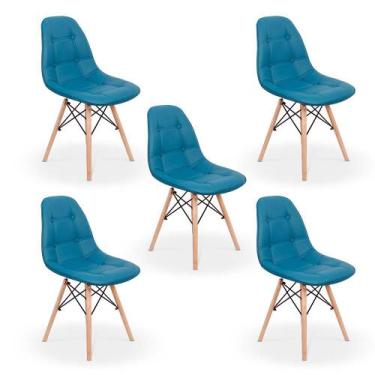 Imagem de Conjunto 5 Cadeiras Dkr Charles Eames Wood Estofada Botonê - Turquesa