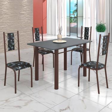Imagem de Conjunto Sala de Jantar Bahia Mesa Tubo 120x75cm Tampo Pedra com 4 Cadeiras Preto Floral/Marrom