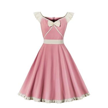 Imagem de Vestido feminino vintage anos 1950 Rockabilly com babados e manga vintage vestido rodado evasê vestidos femininos abaixo do, rosa, XXG