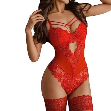 Imagem de Lingerie sexy para mulheres com cinta-liga body de renda Teddy Baby Dolls calcinha com meias, 01#vermelho, G
