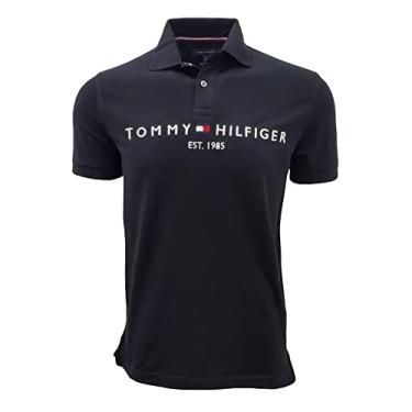 Imagem de Tommy Hilfiger Camisa polo masculina bordada com logotipo gr fico, Preto (Est 1985), G
