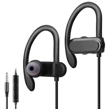 Imagem de C G CHANGEEK [Atualizado] Fones de ouvido com fio com ganchos de ouvido seguros e microfone para esportes, corrida, academia, exercícios - conexão de 3,5 mm para smartphone e computadores, isolamento