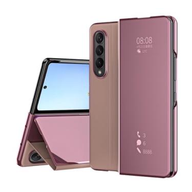 Imagem de Capa flip para Samsung Galaxy Z Fold 4 Fold4 3 Espelho revestido de plástico PU couro Kickstand capa de telefone à prova de choque, ouro rosa, para Samsung Z Fold 3
