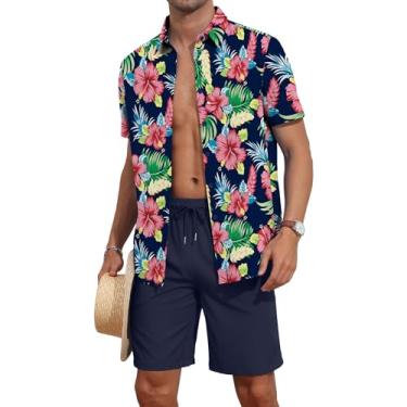Imagem de YTD Conjunto masculino de 2 peças com estampa tropical, manga curta, camisa havaiana e shorts de praia, Floral azul-marinho, P