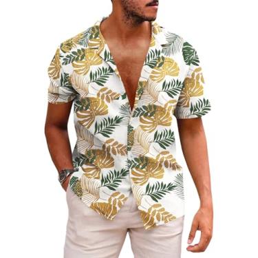 Imagem de Runcati Camisa masculina havaiana de manga curta com botões e estampa de palmeira cubana para férias tropicais, Branco, GG