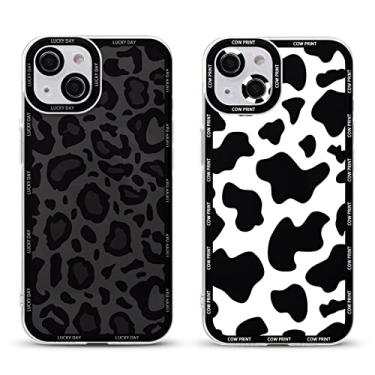 Imagem de RUMDEY 2 capas de telefone com estampa de vaca e guepardo fofa para Apple iPhone 14 de 6,1 polegadas, capas protetoras luxuosas de silicone macio e TPU à prova de choque para mulheres e meninas - preto e branco