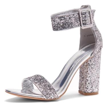 Imagem de Herstyle Rumors Sandálias femininas de salto alto, bico aberto, salto grosso, com tira no tornozelo – salto elegante para formatura, casamento, escritório e festa, Brilho prateado, 38