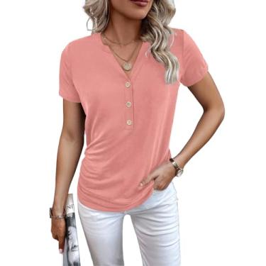 Imagem de Camisetas femininas de manga curta para mulheres, moda primavera, gola V, abotoadas, roupas modernas de verão, Rosa coral, P