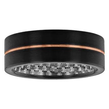 Imagem de Aliança de casamento masculina de carboneto de tântalo com acabamento acetinado preto fosco de 8 mm com sulco em tom de ouro rosa e forro de fibra de carbono, Metal, Sem pedra preciosa