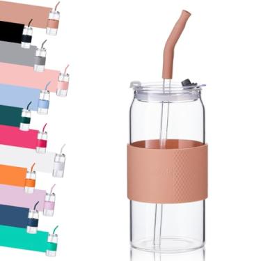 Imagem de ColoVie Copo de vidro com tampas 3 em 1 e canudos de vidro (pontas extras de silicone), capa protetora de silicone, xícara de café gelado, garrafa de água de viagem, copos de lata de cerveja