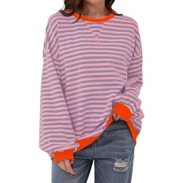 Imagem de 70ILYUHS Moletom feminino listrado gola redonda Color Block camisa de manga longa casual pulôver top primavera roupas Y2K, Laranja, rosa, GG
