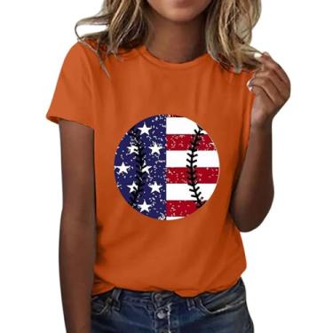 Imagem de Camiseta feminina com bandeira americana de beisebol listrada, manga curta, gola redonda, patriótica, caimento solto, 4 de julho, Laranja, P