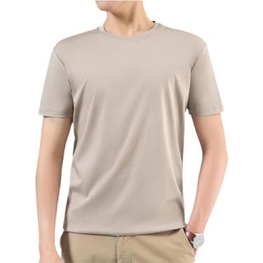 Imagem de G Guzemor Camisetas masculinas de verão 2024 100% algodão mercerizado, cor lisa, casual, premium, básica, gola redonda, curta, Caqui, M
