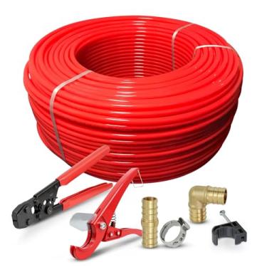 Imagem de Pexflow PXKTOB121200 Kit de iniciante - tubo de barreira de oxigênio de 1/2 polegada, ferramenta de corte, anéis de crimpagem Oetiker, cotovelo de meia braçadeira acoplamento reto plugue de farpa Pex