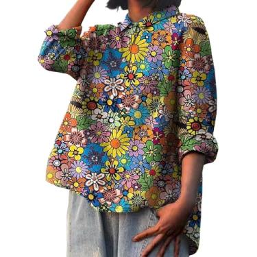 Imagem de Camiseta feminina de linho estampada com estampa de flores e gola de lapela e manga comprida solta, Verde menta, P