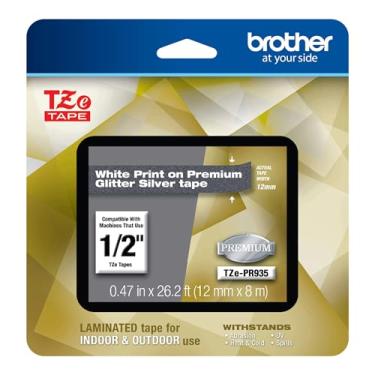 Imagem de Brother Impressão branca genuína P-touch TZe-PR935 em fita laminada prata com glitter premium 12 mm de largura x 8 m de comprimento, TZEPR935