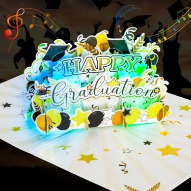 Imagem de Criamolo Cartão de formatura pop up luzes e música, cartão de formatura feliz 3D, presente personalizado de parabéns para ensino médio, faculdade, mestres universitários e graduados em PHD
