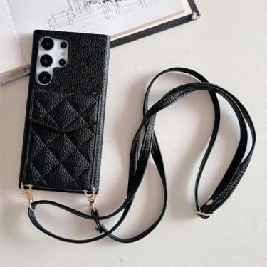Imagem de Carteira de couro treliça flip card case para Samsung S24 Ultra S23 FE S22 Plus A55 A35 A15 A54 A24 A14 A53 A23 Capa de cordão, preta, para Samsung A25