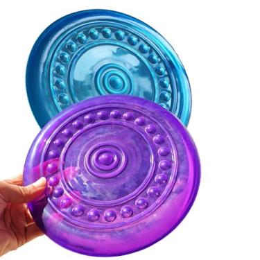 Imagem de SUHEEUS Discos voadores para cães, brinquedos macios para limpeza de dentes, material de borracha, durável, indestrutível, pacote com 2, 18,5 cm, 90 g, cores azul e roxo para filhotes de cachorro
