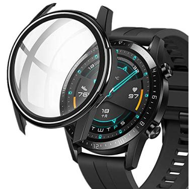 Imagem de Yrzper Compatível com Huawei GT2 Watch protetor de tela de 46 mm ultra fino HD vidro temperado proteção geral capa rígida galvanizada borda de defesa para Huawei GT2 46 mm (preto)