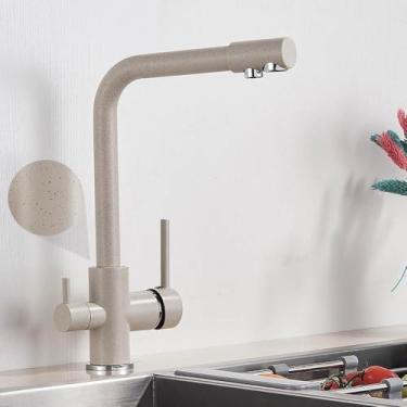 Imagem de Torneira de cozinha com 3 vias, furo único, 2 alças, misturador de água quente e fria, filtro de água pura, bege com ponto