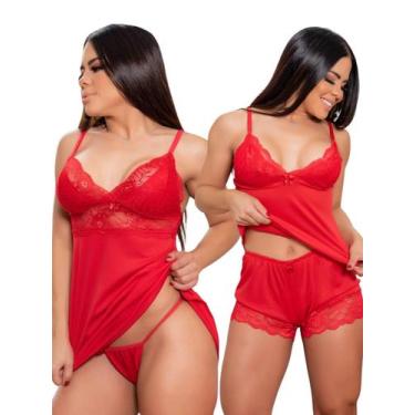 Imagem de KIT Camisola e Baby Doll Pijama Sexy Renda Feminina Sedução - Ninfrodi