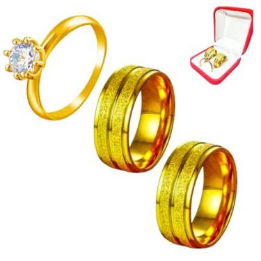 Imagem de Par Alianças Casamento Banhada Ouro 18k 6mm + Anel Solitário 2mm Ouro 