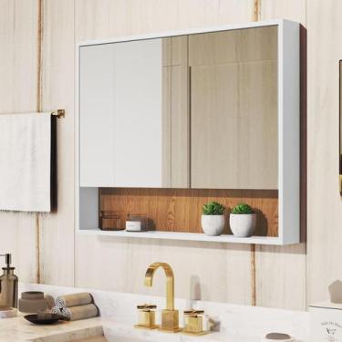 Imagem de Espelheira Eros Armário Aéreo Para Banheiro - Branco/Madeira - Emes Mó