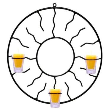 Imagem de Mandala Sol 38 cm Porta Vela Amarela Parede Decoração Ferro - Velitas 