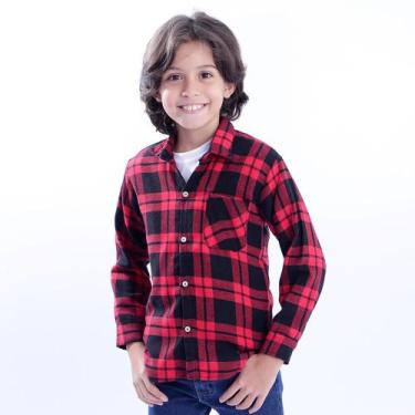 Imagem de Camisa Xadrez Flanelada Infantil Vermelho e Preto com lenço e retalhos