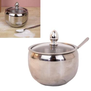 Imagem de Açucareiro de luxo aço inox com tampa de vidro e colher 9x9 cm uni ud1