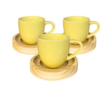 Imagem de Kit 10 Xícaras Amarelas 95 ml Com Pires De Madeira Redondo - Porcelana