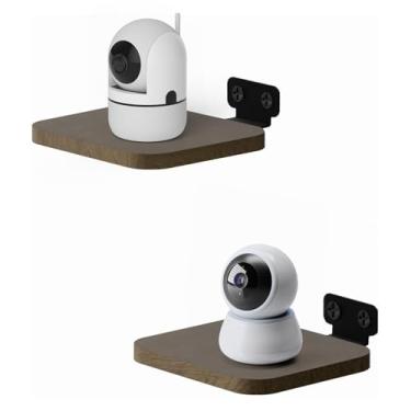Imagem de 2 prateleiras de câmera Pakcs para montagem na parede, prateleiras de parede flutuantes de madeira com cabo reservado para mini prateleira de alto-falante, monitor de câmera de segurança para melhor