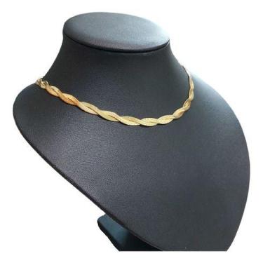 Imagem de Colar Fita Trançado Duplo Largo Dourado Ou Prata Aço Inox - De Castro 