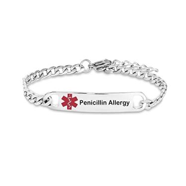 Imagem de MiiFort Pulseiras de identificação de alerta médico de alergia SOS identificação de emergência ICE conscientização de saúde joia corrente ajustável, Metal, Sem Pedra Preciosa