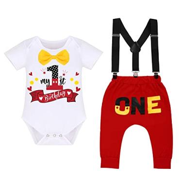 Imagem de Conjunto de roupas para bebês meninos batismo gravata borboleta, suspensórios, calças para festa de casamento, smoking, conjunto de roupas chiques de Halloween, Natal, roupas temáticas, presentes preto+vermelho-1º 6-12 meses