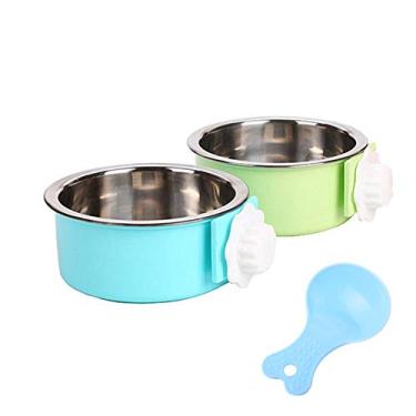 Imagem de Tigela para cães em forma de gaiola removível de aço inoxidável, tigela para pendurar gaiola para cães, gatos, filhotes, coelhos, pássaros e pequenos animais de estimação (grande (pacote com 2), redonda (azul + verde))