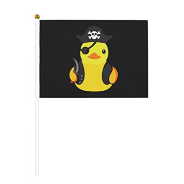 Imagem de Bandeira pequena de pato de borracha pirata 14 x 20 cm em pau mini bandeiras de mão ao ar livre sinal decorativo de festa interior pacote com 10
