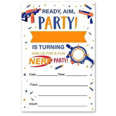 Imagem de VAHATAN Convites para festa de aniversário de arma de dardo 20 pacotes Convites de aniversário Nerf Wars com envelopes Convites de guerra de dardos