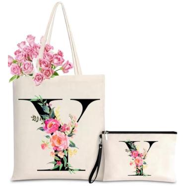 Imagem de Sacola de lona inicial para mulheres, sacolas personalizadas com monograma com bolsa de presente de maquiagem para casamento, damas de honra, aniversário, Letter_y, One Size