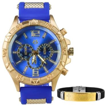 Imagem de Relogio Masculino Aco Dourado + Pulseira oração pai nosso azul inoxidável social robusto