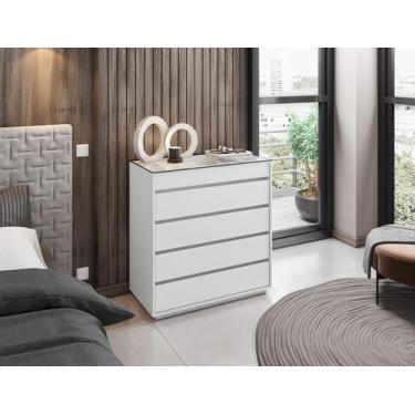Imagem de Cômoda 5 Gavetas com Organizador Tampo em Vidro Belize Branco - Rede M