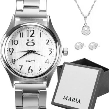 Imagem de Relógio Feminino Prateado Redondo Ponteiro Luxo Moda Pequeno + Colar Brincos Caixa Pres...