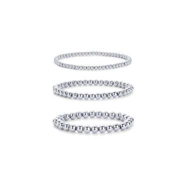 Imagem de PAVOI Pacote de pulseiras femininas com contas banhadas a ouro 14K | Conjunto de 3 peças de pulseira elástica de aço inoxidável | Trio de bola impermeável, Stretch, Ouro branco, Sem Pedra Preciosa