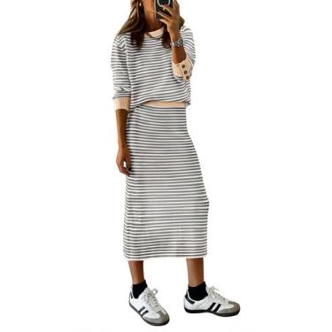 Imagem de Conjunto de Suéter e Saia Midi Listrada PRETTYGARDEN - Cinza