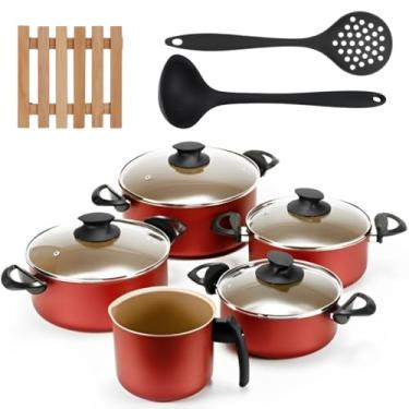 Imagem de Jogo de Panelas 05 Peças Antiaderentes C/Tampas de Vidro + 05 Descansos Quadrados + Concha e Escumadeira Preta