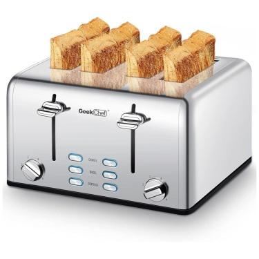 Imagem de Geek Chef Torradeira de 4 Fatias com 6 Niveís e Função Bagel, 1650W, 110V, Aço Inoxidável