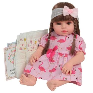 Imagem de Boneca Reborn Bebê Menina 46cm Cabelo Castanho Com Itens - Cegonha Reb
