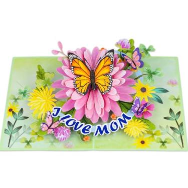 Imagem de D4DREAM I Love Mom Mothers Day Card - 3D Butterfly Flying on Flower Greeting Card with Envelope and Note Tag Pop Up Birthday Gift for Mom Stepmother from Daughter Son